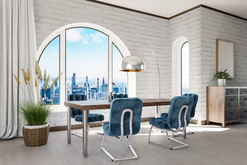 luxurious loft apartment with arched window and panoramic view over urban downtown; noble dining room interior design mock up; 3D Illustration