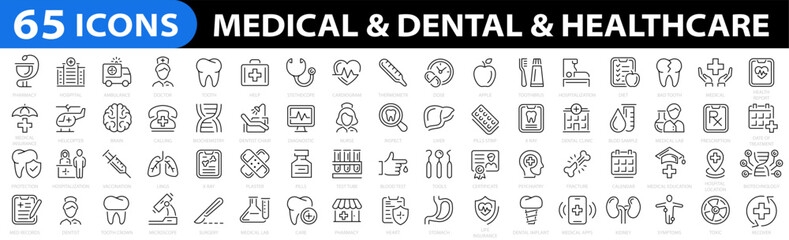 Naklejka na ściany i meble Medicine and Health. Dental icon set. Healthcare icon collection. Medicine outline 65 icon set. Vector illustration.