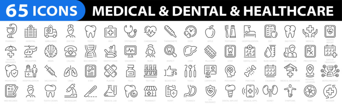 Medicine and Health. Dental icon set. Healthcare icon collection. Medicine outline 65 icon set. Vector illustration.