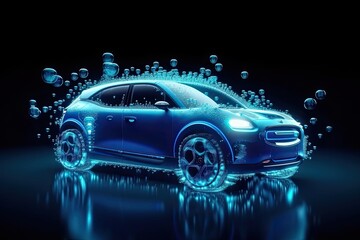 Obraz na płótnie Canvas Hydrogen Cars, Hydrogen Fuel Cell Electric Vehicles. Blue neon modern futuristic car future transportation in motion. AI generative