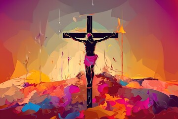 Jesus Christ on the cross - on the Calvary Hill Abstract artistic religious illustration of Good Friday. Generative AI