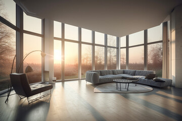 Fototapeta premium Spacious bright living room with panoramic windows. AI Generated