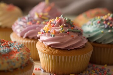 Fototapeta na wymiar Cupcake with pink frosting and sprinkles, generative ai