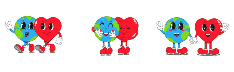 
The set of retro characters created for Planet Earth Day is inspired by the bold and stunning design of the 1960s and 70s. Funny vector illustrations of planet Earth and Hearts. Eco-green concept.
