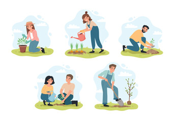 People gardening in spring. Men and women planting, watering and taking care of plants. Vector illustartion set in flat cartoon style