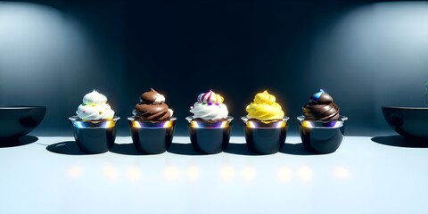 Photo of a colorful display of ice cream cones on a counter