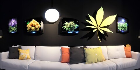 Photo of a modern living room with a cozy white couch and a green wall-mounted plant