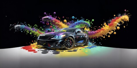 Photo of a colorful car covered in paint splatters