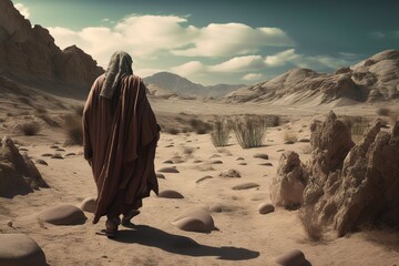 Moses in the Wilderness The biblical Moses walks through the Sinai desert, a wilderness area, in search of the Promised Land Good Friday. Generative AI