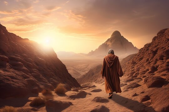 Moses in the Wilderness The biblical Moses walks through the Sinai desert, a wilderness area, in search of the Promised Land Good Friday. Generative AI