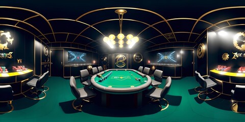 Photo of an elegantly furnished modern poker room with designer table, chairs, and lamps
