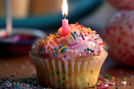 Birthday cupcake with candle, generative ai