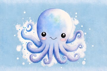 Wallpaper Illustration and background of a cute, adorable octopus. Front view. Concept of cute marine animals, children cartoon. Generative AI.