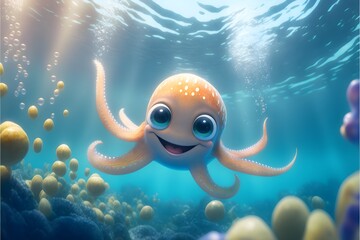 Wallpaper Illustration and background of a cute, adorable octopus. Front view. Concept of cute marine animals, children cartoon. Generative AI.
