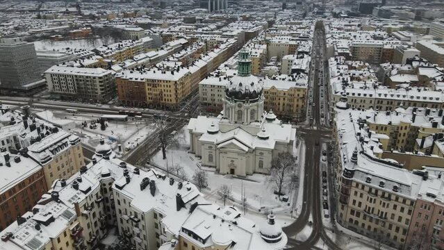 Aerial video of Stockholm, Sweden, Gustaf Vasa Odenplan church