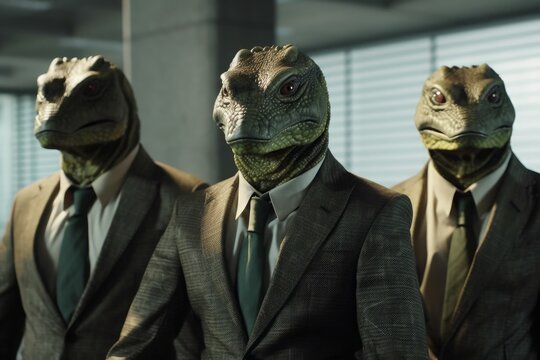 Lizard people dressed in business attire, including coats and suits. These reptilian beings exude confidence and authority as they gather for an important meeting or conference. Generative AI