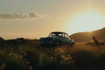 Fototapeta na wymiar Sleek car winds its way through a natural landscape, the sun setting in the distance, casting a warm glow over the scene. The beauty of the natural world is captured in cinematic style. Generative AI