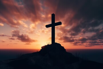 Silhouetted christian cross silhouette on the mountain at sunset. Generative AI