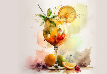 Tropical summer cocktail, illustration. Summer cocktail painting with tropical fruits. Watercolor coktail. Generative AI 