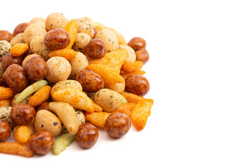 A Trail Mix of Various Rice Crackers a Spicy and Salty Snack on a White Background