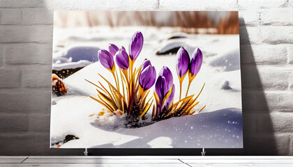 Purple crocus flowers grow in the snow. Spring concept. Wall decoration.