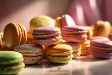 Colorful macaroons on table, generative ai
