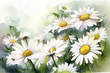 Spring watercolor background with daisies. Generative AI