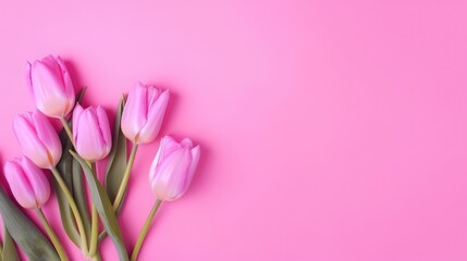 Obraz premium Beautiful floral set with spring tulip flowers on a pink background. Spring concept. Generative AI