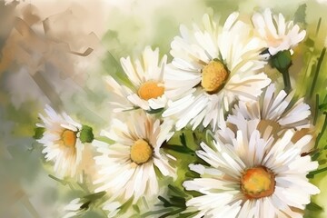Obraz na płótnie Canvas Spring watercolor background with daisies. Generative AI