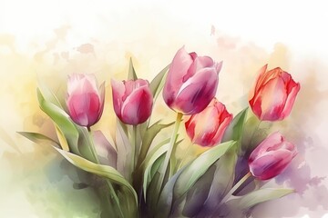 Beautiful floral set with watercolor spring tulip flowers. Spring concept. Generative AI