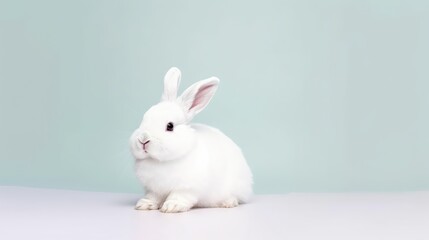 Obraz premium Adorable white rabbit on a pastel color background. Easter concept. Generative AI