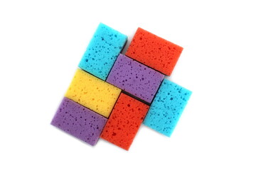 Background of multi-colored bright sponges for washing dishes.