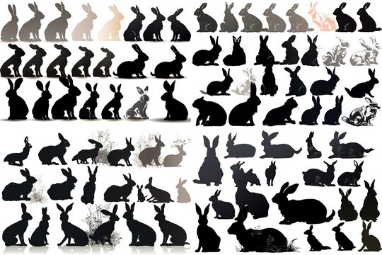 Silhouettes of easter bunnies isolated on a white background Set of different rabbits silhouettes for design use. Generative AI
