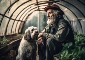 Portrait of an old farmer and his dog in a greenhouse. Concept of friendship and regenerative farming. Generative AI.