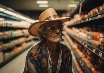Fototapeta premium A stylish elderly man inside a supermarket. Generative AI. 