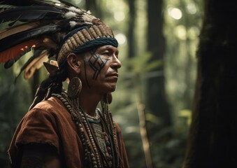 Close up portrait of elderly shaman from indigenous tribe of Amazon rainforest. Concept of shamanism and Ayahuasca ceremony. Generative AI.