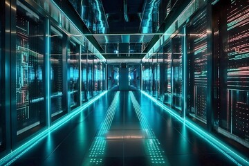 State-of-the-Art Data Center, Mainframes, Rack Servers, LED Lights, Supercomputers, Generative AI
