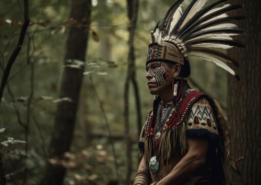 Portrait of Indigenous Native American man in the forest. Generative AI.