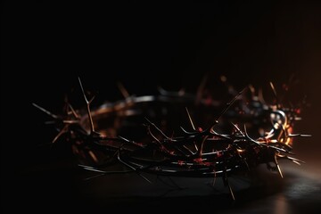 The crown of thorns of Jesus on black background against window light with copy space, can be used for Christian background, Easter concept. Generative AI