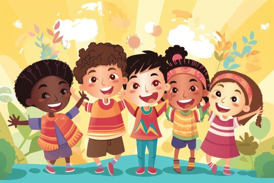 Multiethnical Children Having Fun Together- Inclusion - Cartoon Illustration