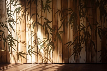 Soft and beautiful foliage dappled sunlight of tropical bamboo tree leaf shadow on brown wooden panel wall. Generative AI