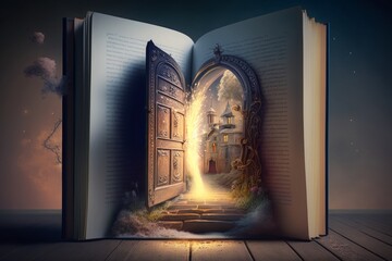 AI GENERATIVE, a giant open book in which there is a door that transports you to a world full of fantasy,