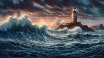 Lighthouse on rocks during hurricane storm, turbulent ocean surf, high waves crashing, dramatic clouds, stormy seas, sunset seascape - generative AI