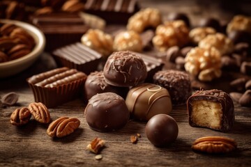 Decadent delights: Indulging in the rich flavors of pralines and truffles infused with nuts and chocolate, generative ai
