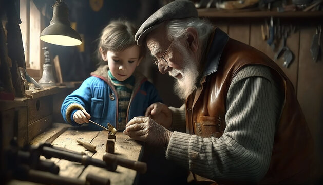 An elderly man teaches his grandson to work with carpentry tools in his workshop. Active age concept. AI generative