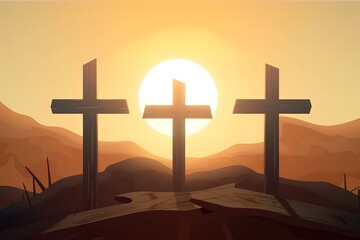 View Of Three Wooden Crosses And Sunrise From Open Tomb - Death And Resurrection Of Jesus Christ. Generative AI