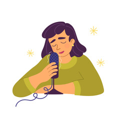 Young woman with her eyes closed sits in front a microphone and speaks in whispers. Recording voice ASMR content, podcast or audio blog. Flat style illustration.