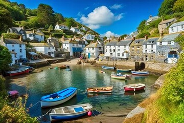 Fishing Village, Polperro, Cornwall, England, Colorful Cottages, Wooden Boats, Vibrant Sky