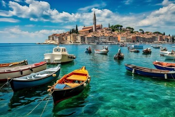 Rovinj Harbor, Croatia, Crystal-Clear Waters, Historic Stone Buildings, Shoreline, Generative AI