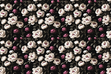 Seamless pattern with baroque flowers on a black background, moody muted colors. Generative AI